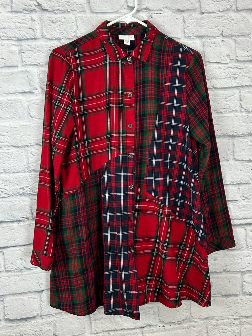 J.Jill XS Patchwork Plaid Tunic Shirt Red Green Cotton Button Front Pockets